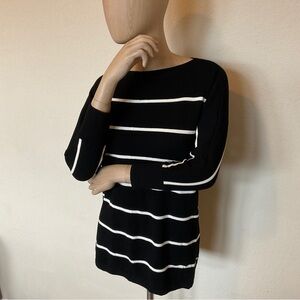 Talbots Striped Bateau Boat Neck Knit Sweater Black White 3/4 Sleeve EUC Women S